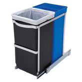 A black trash can with blue accents and a blue lid, designed for waste disposal.